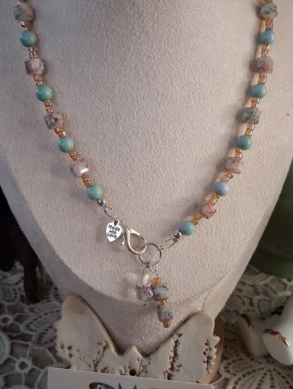 Handmade Mint Green and Gold Beaded Necklace